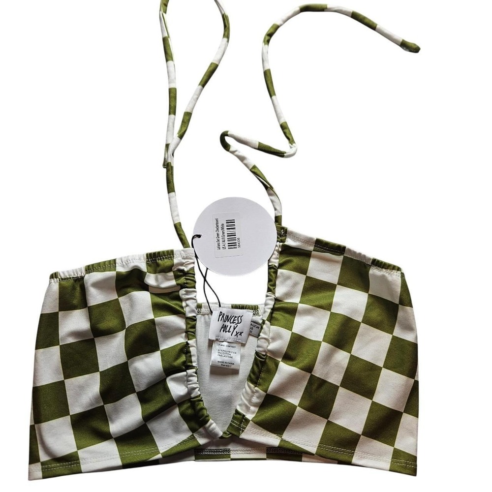 Princess Polly Latiana Green Checkerboard Halter Crop Top Size US 4 NWT